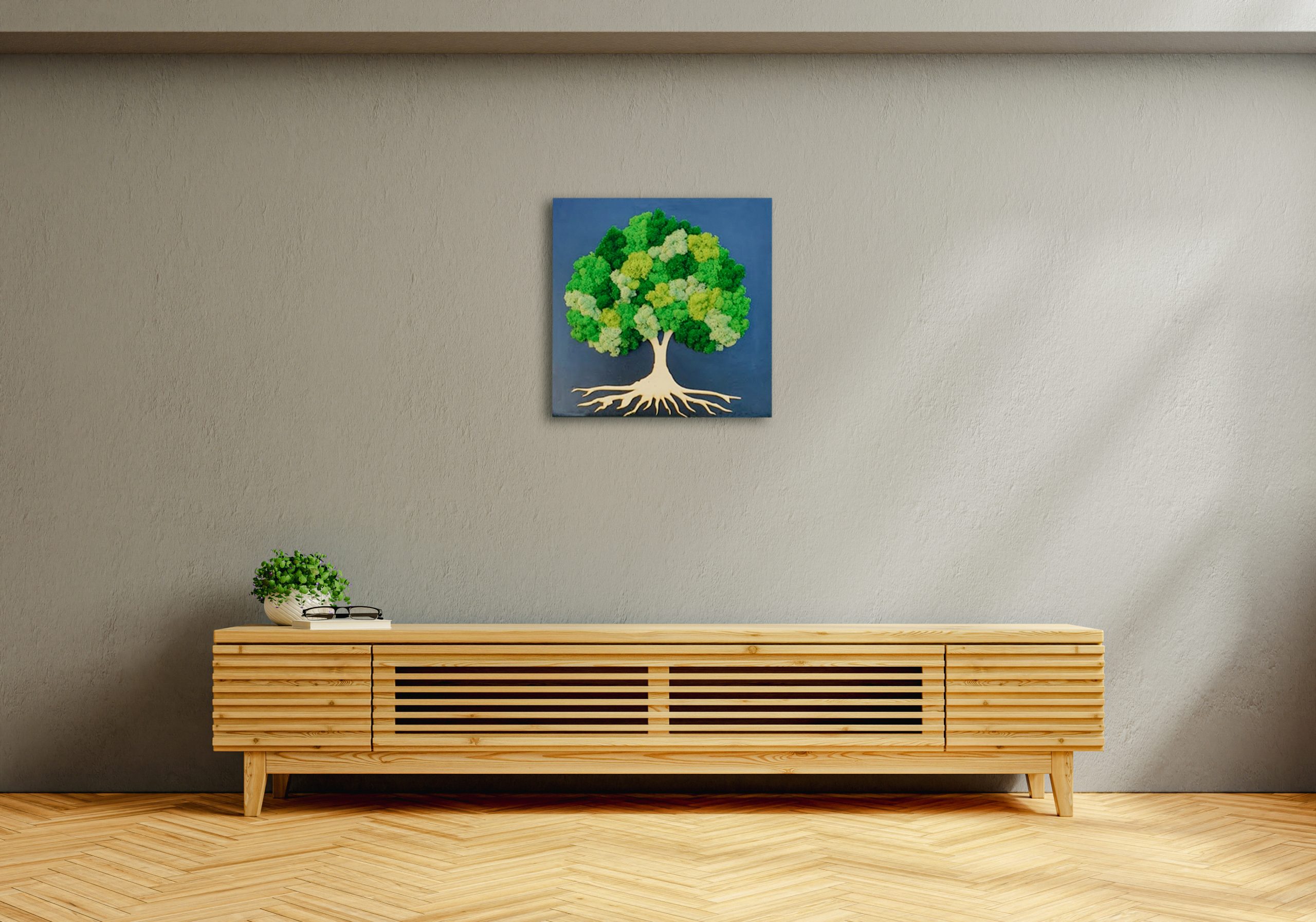 Cabinet for LED TV in living room interior wall mockup on dark c